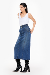 Belted Denim Maxi Skirt