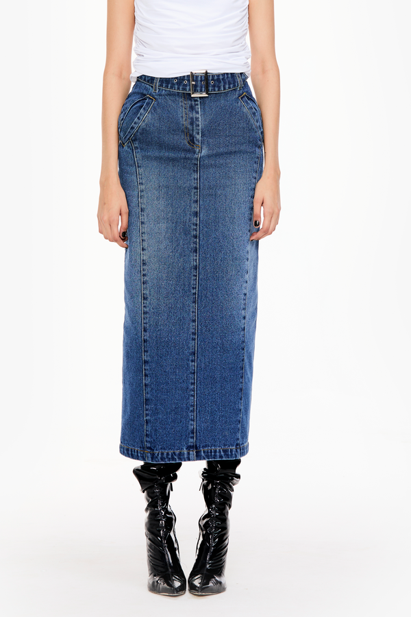 Belted Denim Maxi Skirt