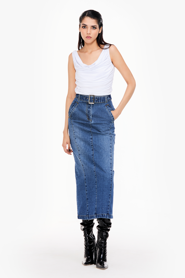 Belted Denim Maxi Skirt