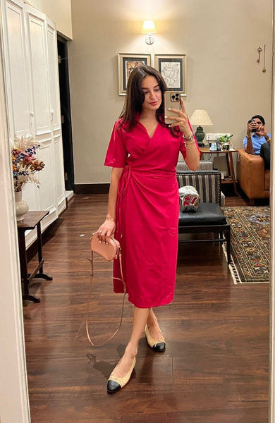 Red wrap dress on sale midi